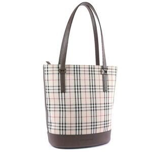 Burberry Bucket Tote Bag Check Nylon Leather Beige Tan Zipper
